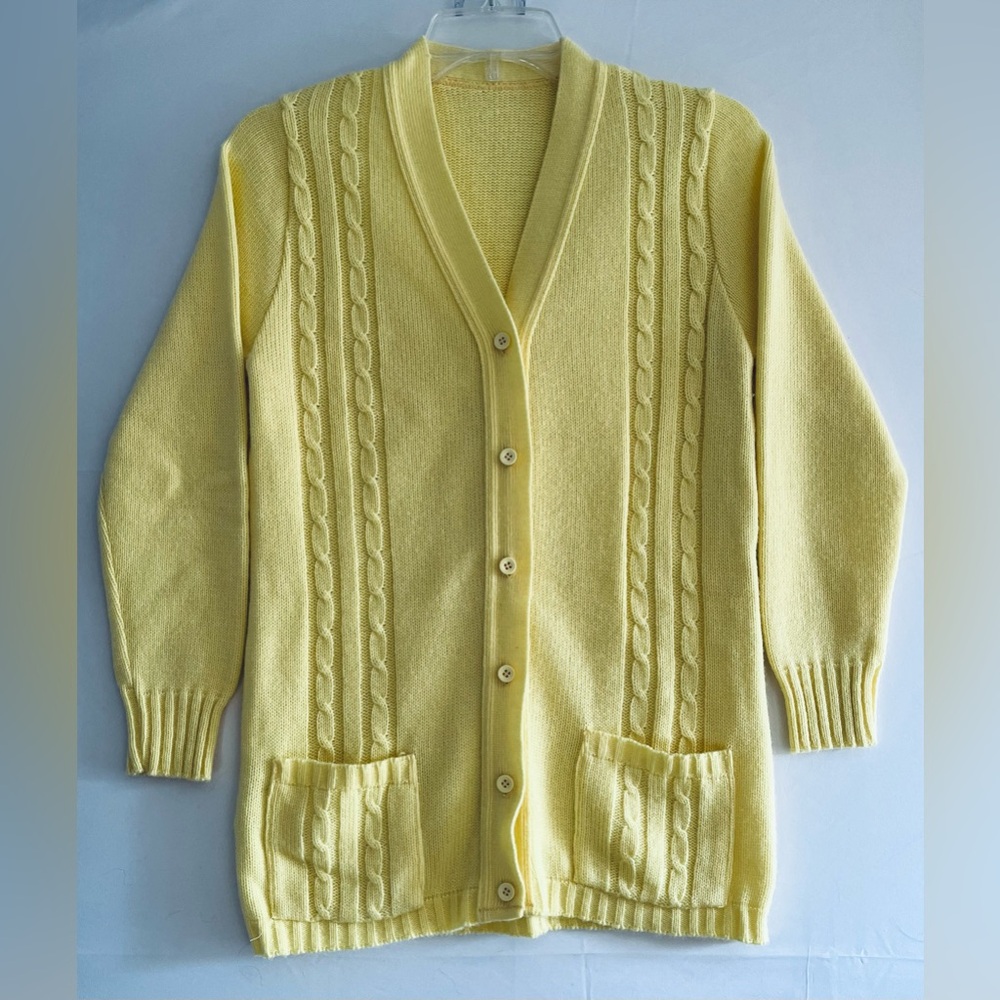 Vintage Yellow Cable Knit Longline Cardigan with Pockets